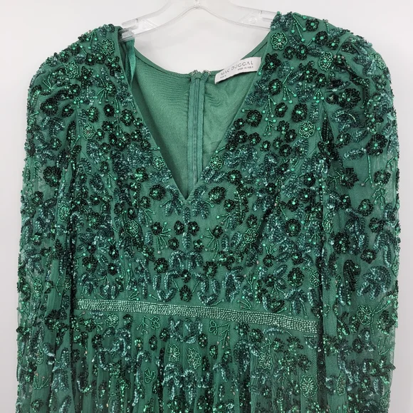 Mac Duggal Green Embellished V Neck 3/4 Sleeve A Line Gown - Picture 4 of 15